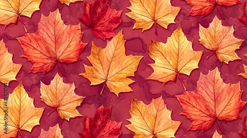 Autumn leaves pattern on red background