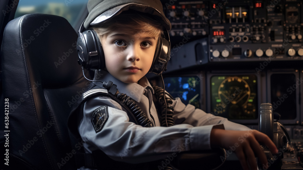 A young boy as a civil pilot in a uniform sits in the cockpit of an airplane. A young boy as a civil pilot in a uniform sits in the cockpit of an airplane.
