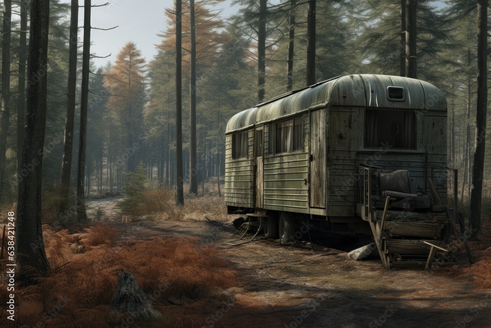 Landscape with abandoned trailer in the middle of the forest. Generative AI