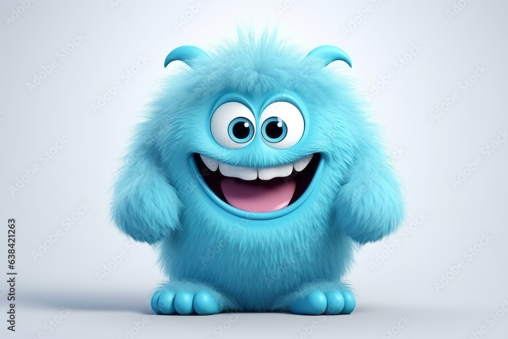 Cute blue furry monster 3D cartoon character