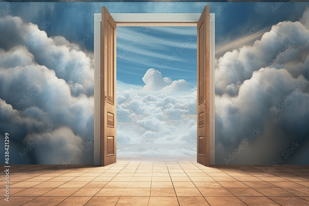 Open doors with sky and clouds in the background. Generative AI Open doors with sky and clouds in the background. Generative AI