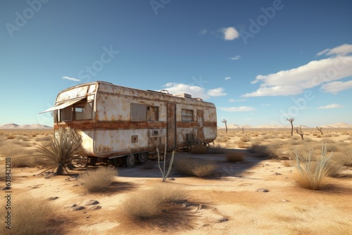 Landscape with abandoned trailer in the middle of the desert. Generative AI © Deivison