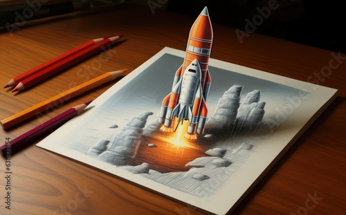 Rocket drawn on paper and pencil on table, creativity concept. Generative AI