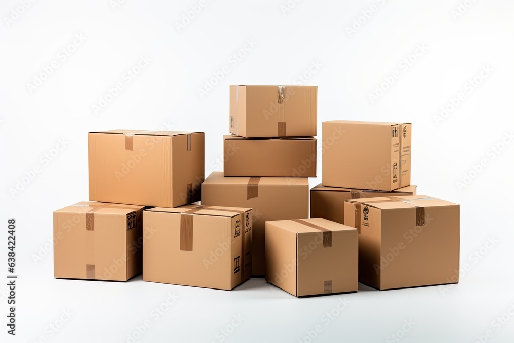 Cardboard boxes, white background, deliveries concept. Generative AI