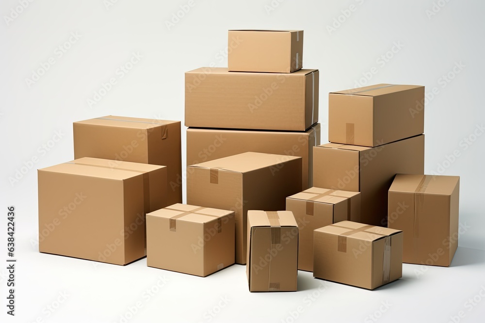 Cardboard boxes, white background, deliveries concept. Generative AI Cardboard boxes, white background, deliveries concept. Generative AI