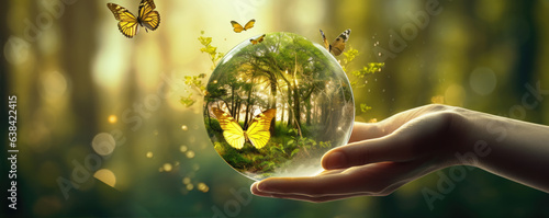 Earth crystal glass globe ball in hand with nature background.