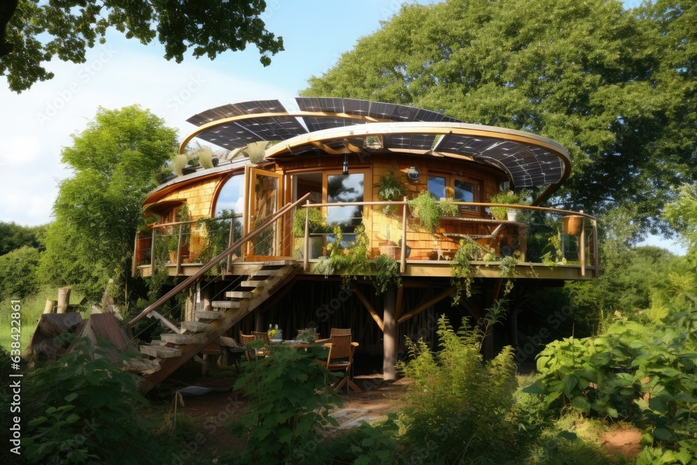 Modern wooden house among the trees, architecture and environment concept. Generative AI