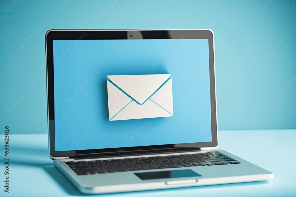 Letter and email icon on laptop screen on blue background, technology and connectivity concept. Generative AI Letter and email icon on laptop screen on blue background, technology and connectivity concept. Generative AI