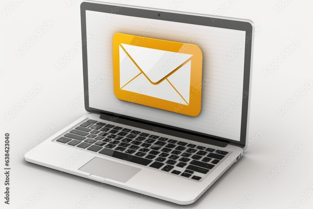 Letter and email icon on laptop screen on white background, technology and connectivity concept. Generative AI Letter and email icon on laptop screen on white background, technology and connectivity concept. Generative AI