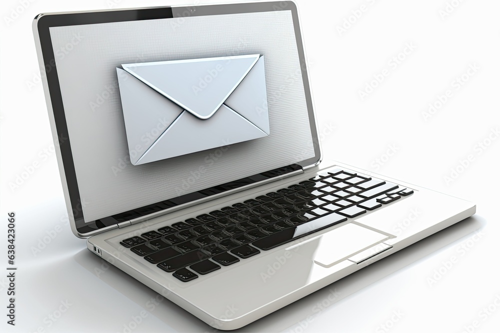 Letter and email icon on laptop screen on white background, technology and connectivity concept. Generative AI Letter and email icon on laptop screen on white background, technology and connectivity concept. Generative AI