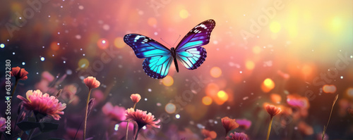 Mystical beautiful butterfly in a magical flower field. Butterfly fly over flowers meadow.