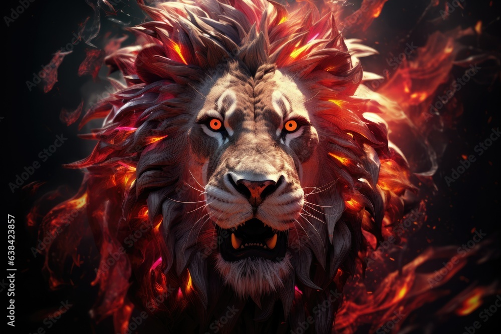 Ferocious lion face illustration with frightening look, dark background. Generative AI