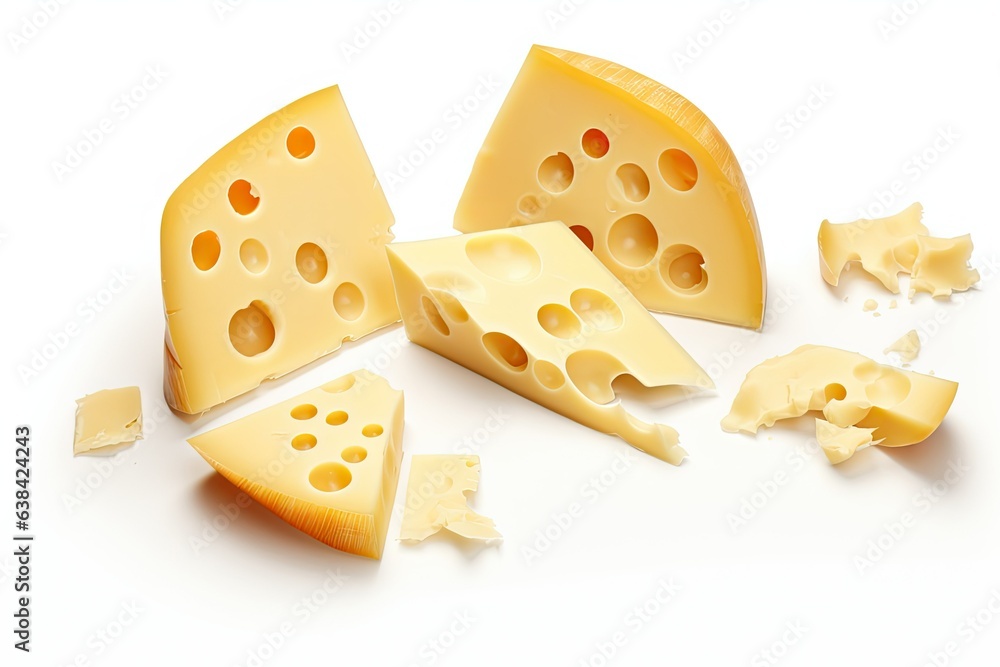 Digital illustration of tasty swiss cheese on white background. Generative AI