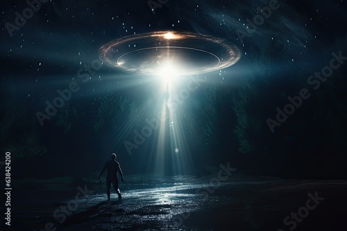 Person being abducted by alien ship, night scene, fiction and fantasy concept. Generative AI photo