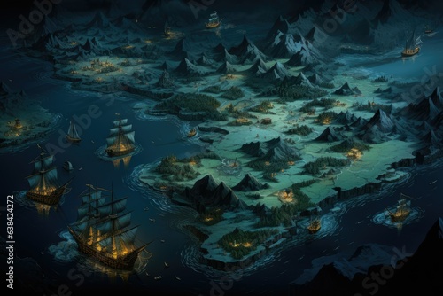 Game scene with island and pirate ship, fantasy concept. Generative AI