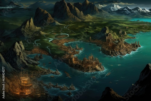 Game scene with island and pirate ship  fantasy concept. Generative AI