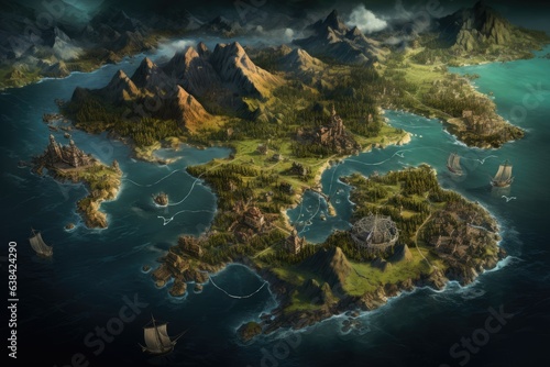 Game scene with island and pirate ship, fantasy concept. Generative AI