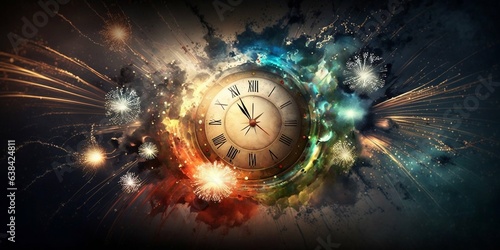 New year countdown clock exploding with colorful fireworks on the background. Beautiful sparkles, old fantasy round clock showing passage of time. photo