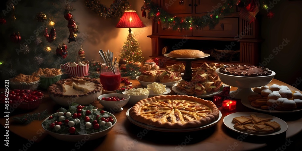 Christmas table with delicious traditional food. Concept of family food and reunions in times of Christmas. Created by generative IA