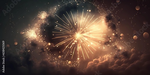 Fireworks exploding between the clouds in the sky with a clock shape. Happy new year 2024. Concept of the end of the year and Christmas times. photo