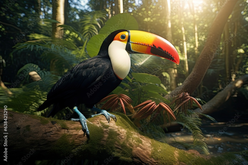Fototapeta premium Landscape with beautiful toucan in tropical forest, bokeh background. Generative AI