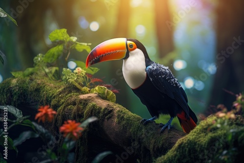 Landscape with beautiful toucan in tropical forest, bokeh background. Generative AI photo