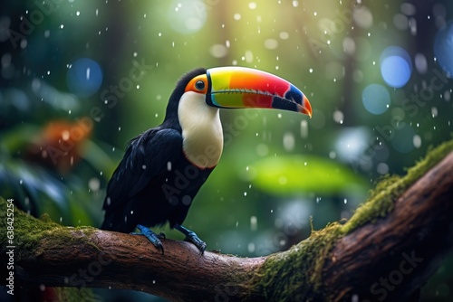 Landscape with beautiful toucan in tropical forest, bokeh background. Generative AI