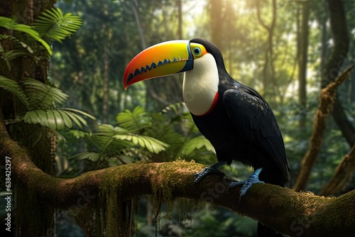 Landscape with beautiful toucan in tropical forest, bokeh background. Generative AI