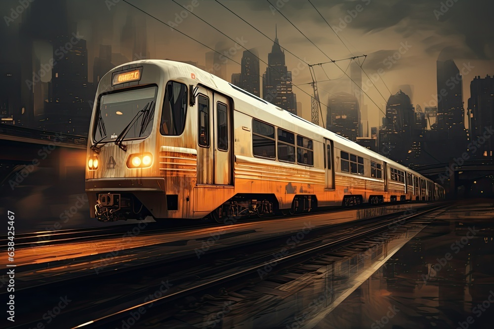 Naklejka premium Digital illustration of moving train, concept of technology and urban mobility. Generative AI