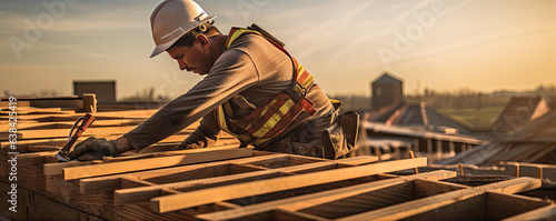 Roof worker or carpenter building a wood structure house construction.