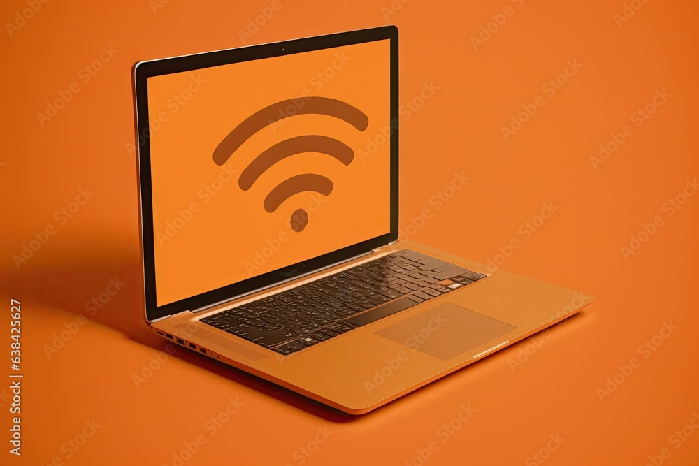 Laptop with wifi signal on screen, orange background, technology concept. Generative AI Laptop with wifi signal on screen, orange background, technology concept. Generative AI