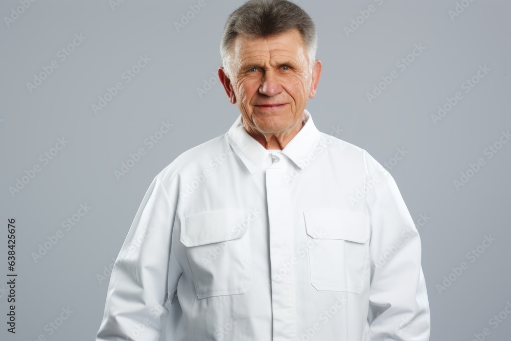 Obraz premium Elderly experienced doctor intelligent senior man healthcare worker confident professional medic hospital ambulance specialist psychology mental health consultant health advisor simple background