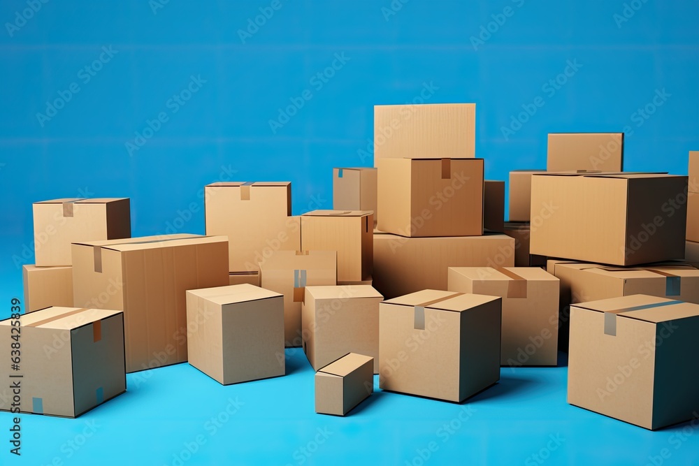 Cardboard boxes, blue background, deliveries concept. Generative AI Cardboard boxes, blue background, deliveries concept. Generative AI
