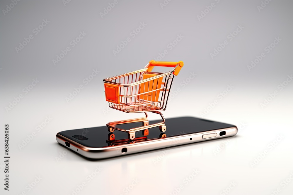Shopping cart on mobile screen, concept of online sales and ecommerce. Generative AI