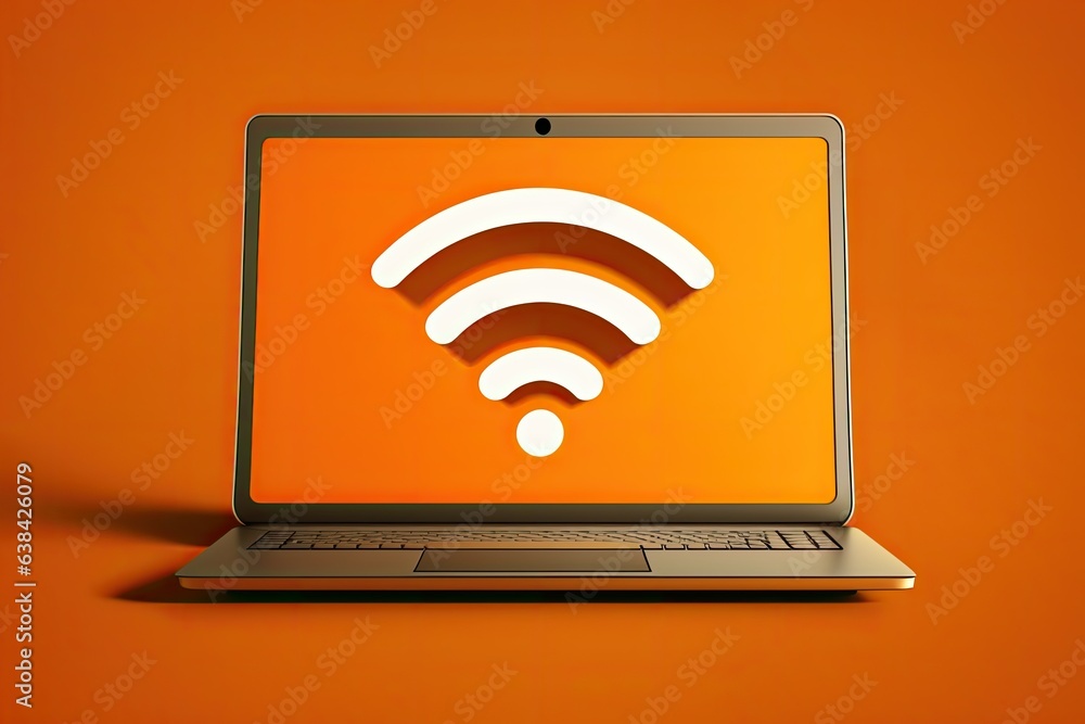 Laptop with wifi signal on screen, orange background, technology concept. Generative AI Laptop with wifi signal on screen, orange background, technology concept. Generative AI