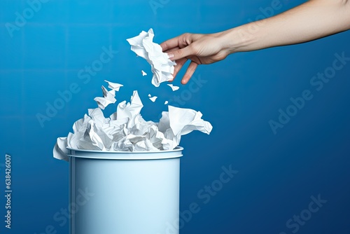 Hand throwing crumpled paper into a recycle bin, blue background. Generative AI