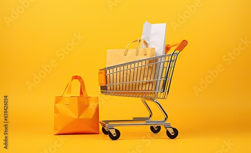 Shopping cart with bags, orange background, sales and business concept. Generative AI