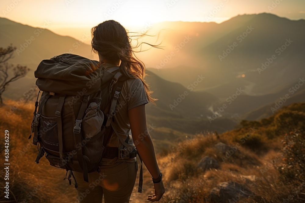 Full-body rear view of a determined woman, wearing rugged attire, reaching the peak of a challenging mountain trail, sun breaking the horizon, muted colors
