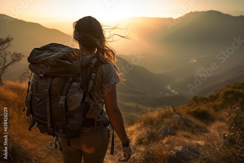 Full-body rear view of a determined woman, wearing rugged attire, reaching the peak of a challenging mountain trail, sun breaking the horizon, muted colors