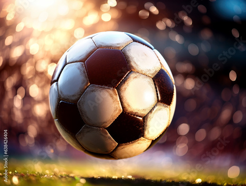 Photo of the ball that flies into a goal on a professional soccer stadium while the sun shines. AI generated