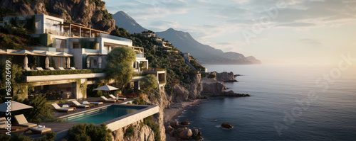 Luxury vila nestled along side of sea moutains with fresh green trees.