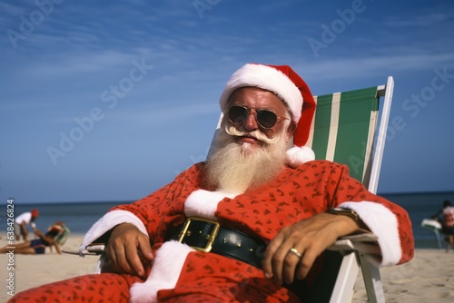 Fototapeta Naklejka Na Ścianę i Meble -  Santa claus beach chair sun bath. Generate Ai