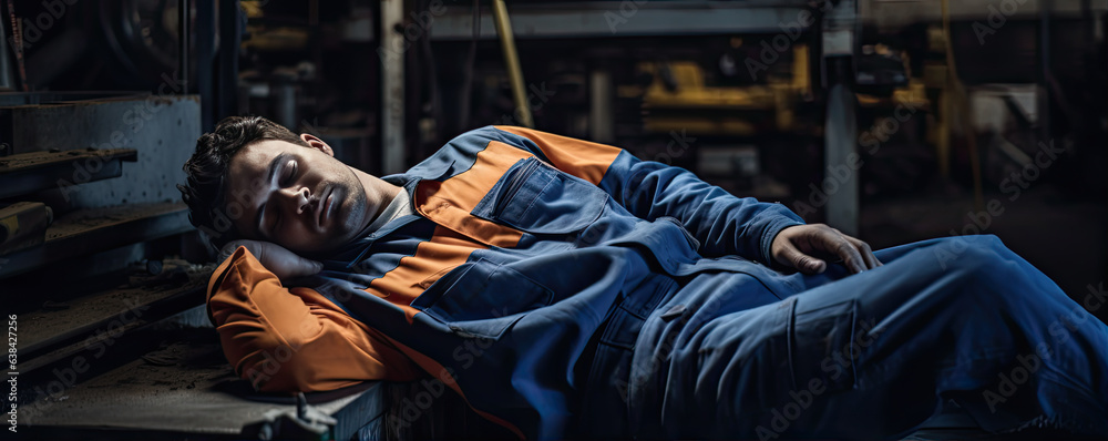 Worker lying down on floor in unconscious. Industry or worker place background.