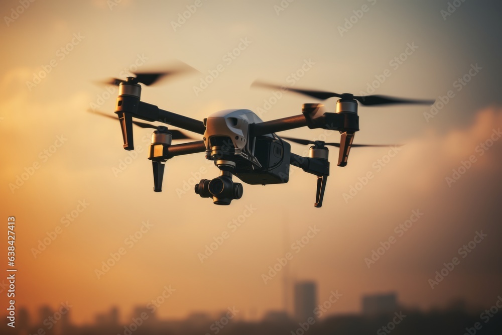 Compact professional drone filming equipment starting guiding flight, action camera shooting, flying in sky during golden hour sunset, shot aerial view captures beauty of innovative modern technology Compact professional drone filming equipment starting guiding flight, action camera shooting, flying in sky during golden hour sunset, shot aerial view captures beauty of innovative modern technology