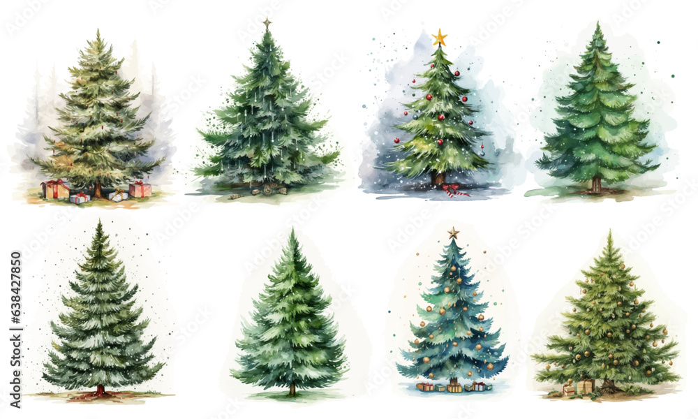 set of Cute watercolor Christmas Tree vector