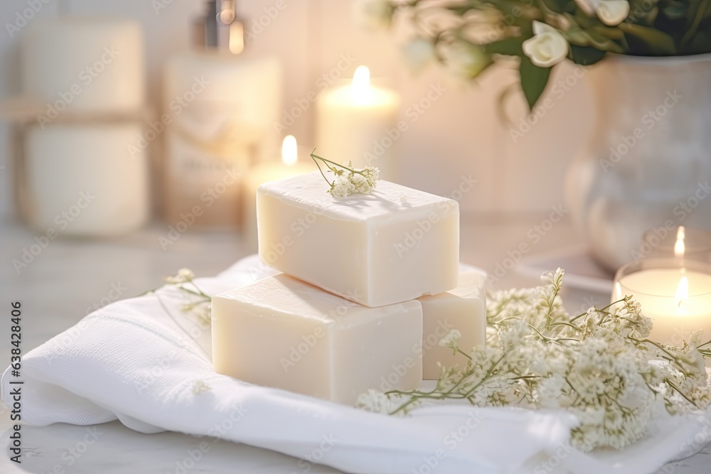 Natural homemade soap concept. Homemade soap on white towel illuminated by soft light. AI generation. Natural homemade soap concept. Homemade soap on white towel illuminated by soft light. AI generation.