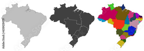 Brazil map with administrative regions. Latin map. Brazilian map. Black color 