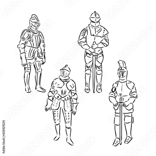 Continuous one line drawing medieval knight standing in armor