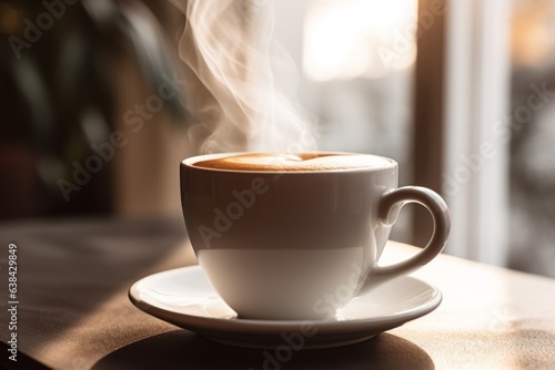 Close up mug with aromatic coffee white cup of hot aroma cappuccino espresso latte steam smoke on table morning breakfast drinking tasty drink cafeteria cafe restaurant caffeine beverage energy dinner