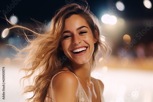Portrait of beautiful young woman with flying hair in a night city